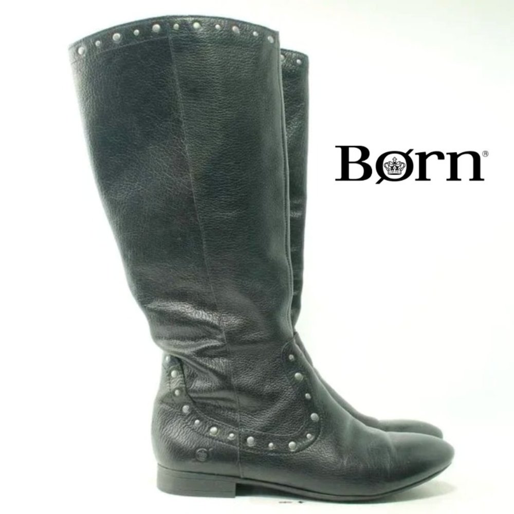 Born Lizzie Black Silver Studs Knee High Leather Boots Size Women's US6 EU36.5